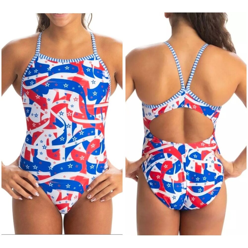 Nwt Dolfin - 28 Women | Girls Uglies Salute V-Back Swimsuit Red Blue White